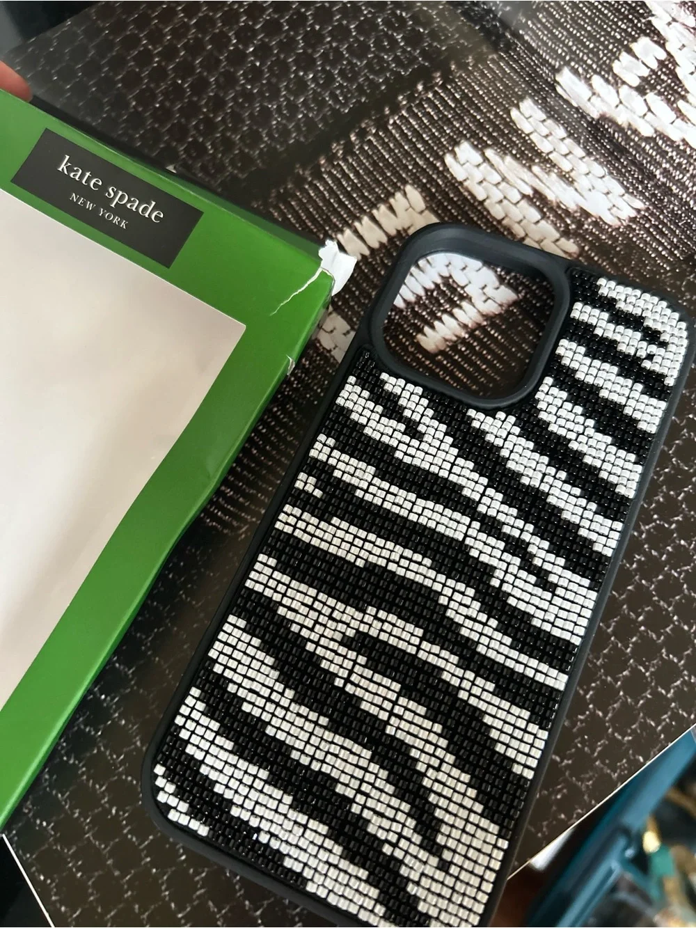 Kate spade iPhone 16 pro max Black & White Zebra Rhinestone iPhone Case